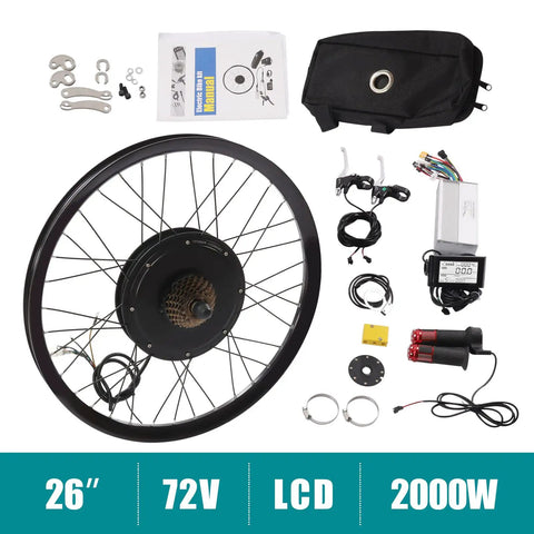 72V 2000W Rear Wheel Motor Electric Bike Kit With Multifunction Display components laid out, including controller and wheel.