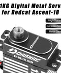 Close-up of Beefy 11Kg Coreless Servo With Metal Gear For 1/18 RC Crawler Upgrades, showing casing and gear detail for Redcat Ascent 18.