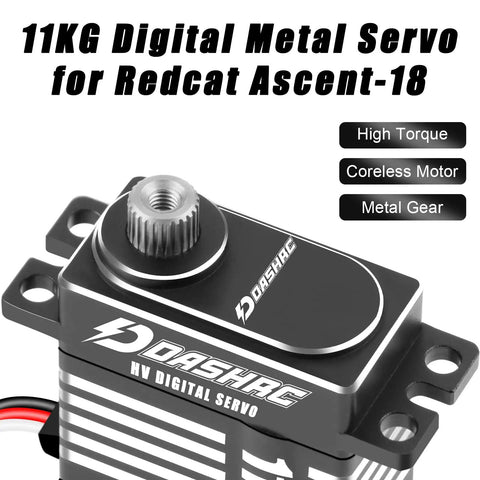 Close-up of Beefy 11Kg Coreless Servo With Metal Gear For 1/18 RC Crawler Upgrades, showing casing and gear detail for Redcat Ascent 18.