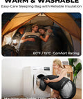 Couple camping in tent with Lightweight 3lb Backpacking Sleeping Bag For Adults And Kids With Compression Sack; inset shows washing.