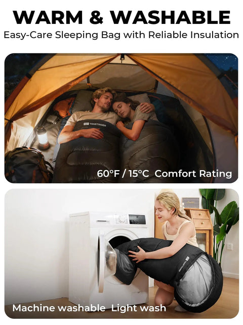 Couple camping in tent with Lightweight 3lb Backpacking Sleeping Bag For Adults And Kids With Compression Sack; inset shows washing.