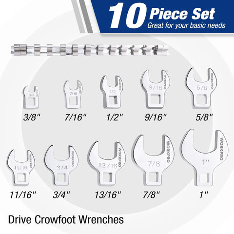 Beefy Three Eighths Inch Drive Crowfoot Wrench Set, Ten Piece SAE Auto Tool Kit Wrenches, Heavy Duty Carbon Steel, Heat Treated, Chrome Plated, Laser Marked, Range From Three Eighths To One Inch.
