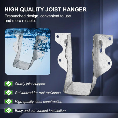 2x4 Joist Hangers For Wood 20 Gauge Galvanized Face Mount Bracket Set For Deck Floor Rafter Framing Ceiling Built Tough Heavy Duty Construction Grade Zinc Coated Steel 6 Pack shown with water resistance and construction features.