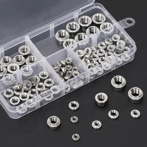 Drop Dead Solid M3 M4 M5 M6 Self Clinching Nuts Kit 100 Piece Assortment in transparent box showing various sizes.