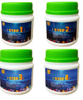 Four containers of 7 Lb Rock Tumbler Grit Set With 4 Step Media Coarse Medium Pre Polished Final Polish For Any Rock Tumbler