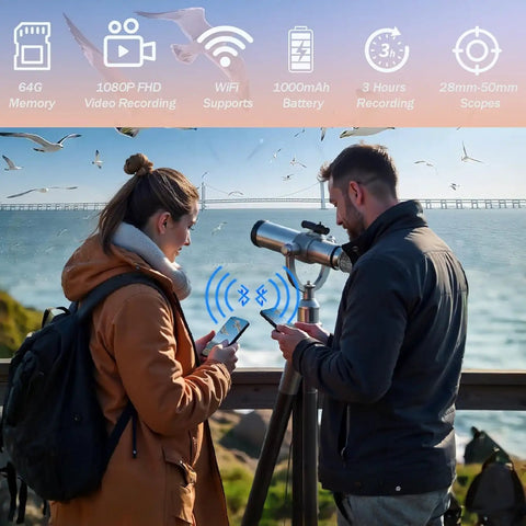 Two people using a 64GB Digital Eyepiece Telescope Camera with 2K HD Video and WiFi for easy setup on a scenic coastline.