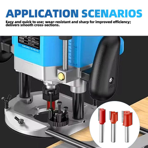 Close-up of handheld router with 15 Piece One Quarter Inch Shank Router Bits Set With Pro Grade Tungsten Carbide Double Flute Cutters