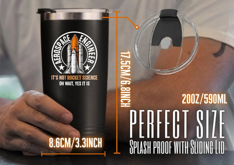 Space Themed 20oz Stainless Steel Tumbler With Lid, Double Wall Vacuum Insulated Travel Coffee Mug For Men on table with measurements shown