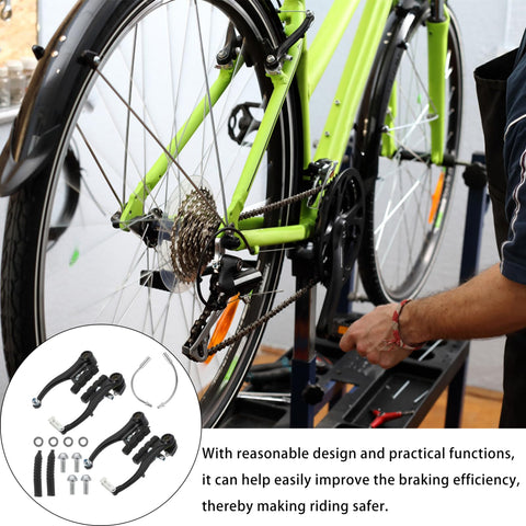 Two Set Bike Brake Kit For Road And Mountain Bikes installed on green bike, showing aluminum calipers and rubber pads in use.