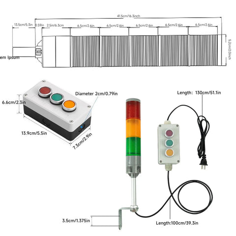 Dimensions of 3 Stack LED Industrial Signal Tower Light Andon Lights No Buzz Steady On Red Yellow Green With Self Locking Switch