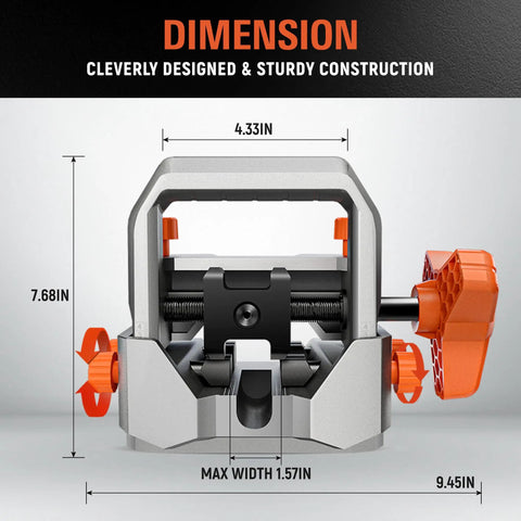 Beefy Manual Dovetail Alignment Pusher Tool With Rotatable Block, Precision Scale, And Smooth Horizontal Travel For Precise Positioning, Heavy Duty Aluminum Frame And Steel Construction. front view with 4.33in width and orange adjustment knob