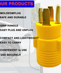 NEMA 14-30P To 14-50R EV Charger Adapter For Home Use, yellow plug with metal prongs, features labeled for usage and durability.