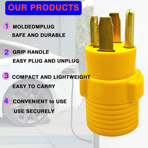 NEMA 14-30P To 14-50R EV Charger Adapter For Home Use, yellow plug with metal prongs, features labeled for usage and durability.