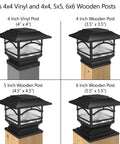 Premium Solar Outdoor Post Cap Lights For 4x4 5x5 And 6x6 Posts on various post sizes, Slate Black shown on wooden and vinyl posts