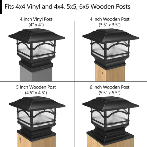 Premium Solar Outdoor Post Cap Lights For 4x4 5x5 And 6x6 Posts on various post sizes, Slate Black shown on wooden and vinyl posts