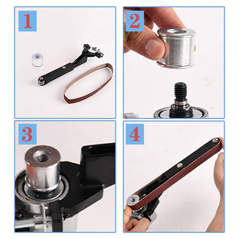 Knockout Belt Sander Attachment For Angle Grinder, Bandfile Conversion Kit with assembly visuals and premium grit belts.