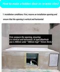 Installation guide for a hidden door with precise measurements for a 400mm opening in ceramic tiles.