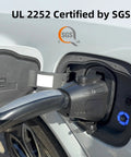 Close-up of NACS To CCS1 EV Charger Adapter inserted in car, showcasing UL 2252 SGS certification label on a white vehicle.