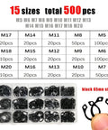 External Circlip Kit Set For Shafts 5 To 20 Mm C Type Retaining Rings in 65Mn steel, 500 pcs assortment in labeled box