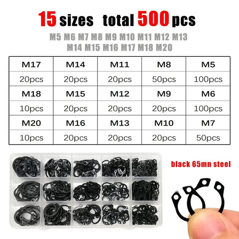 External Circlip Kit Set For Shafts 5 To 20 Mm C Type Retaining Rings in 65Mn steel, 500 pcs assortment in labeled box