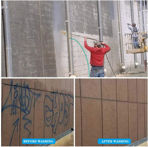 Wet Sandblasting Kit for Pressure Washers, 5000 PSI, removing graffiti from wall, comparison of before and after cleaning.