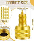 20 Pcs Large Bore Tire Valve Adapters Brass 22mm External Stem Reducers in gold color showing dimensions and set of adapters