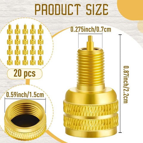 20 Pcs Large Bore Tire Valve Adapters Brass 22mm External Stem Reducers in gold color showing dimensions and set of adapters