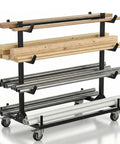 Heavy Duty Mobile Conduit And Lumber Storage Rack Rock Solid Build With Six Swivel Caster Wheels, alloy steel frame with lumber and pipes.