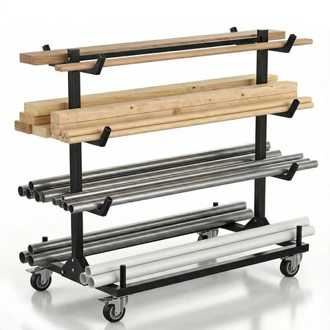 Heavy Duty Mobile Conduit And Lumber Storage Rack Rock Solid Build With Six Swivel Caster Wheels, alloy steel frame with lumber and pipes.