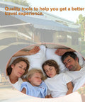 Family sleeping comfortably in bed next to an RV parked in a sunny campground with trees and a bicycle in the background.