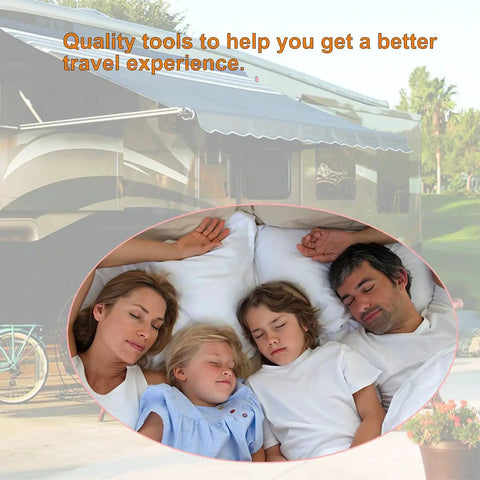 Family sleeping comfortably in bed next to an RV parked in a sunny campground with trees and a bicycle in the background.