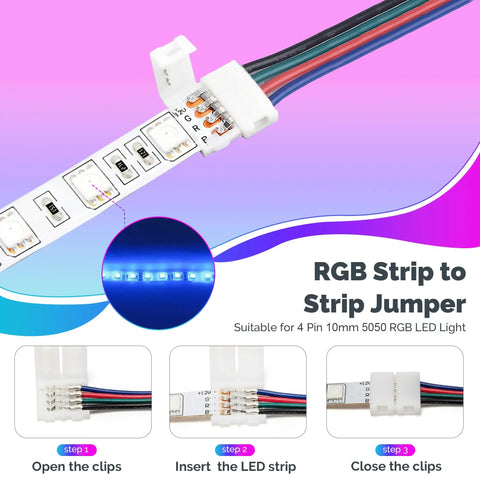 LED Strip Connector Kit For 5050 10Mm 4Pin With 8 Solderless Accessories, shown connecting RGB strips with jumper