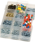Total Boss 1000 Piece Hardware Assortment Kit With Push Pins Thumb Tacks Upholstery Nails Wire Brads And Drywall Fasteners Packed In Nifty Organizer Case.