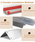 Installation methods for Heavy Duty 304 Stainless Steel Wall Corner Guards 10 Pack 2X2X48 Inch, featuring tape, glue, and screw options.