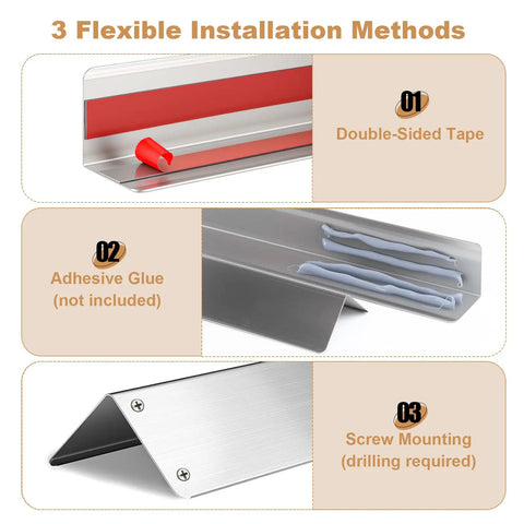 Installation methods for Heavy Duty 304 Stainless Steel Wall Corner Guards 10 Pack 2X2X48 Inch, featuring tape, glue, and screw options.