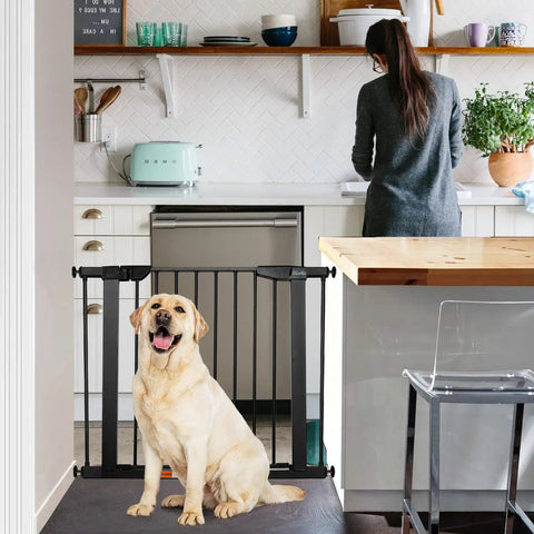 Extra Wide Walk Through Pet Gate 29.5 To 37.8 Inch Auto Close Safety Gate For Dogs And Home With 2 Extension Kit in kitchen