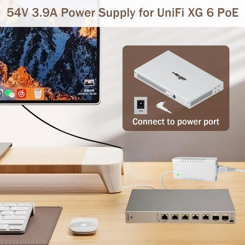 Drop-In 54V 3.9A 210W Power Adapter For UniFi XG 6 PoE Gear, Plug-And-Play Replacement White Power Supply For US-XG-6POE And USW-Ultra-210W 6/8-Port Switches, shown connected