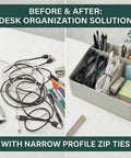 Before and after desk organization with narrow profile zip ties. Left shows tangled wires; right shows organized cables in a box.