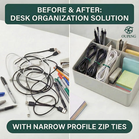 Before and after desk organization with narrow profile zip ties. Left shows tangled wires; right shows organized cables in a box.