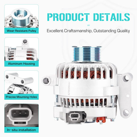 New 7.3L Alternator For Excursion 2000 2001 And F 250 F 350 Super Duty 1999 2001 Ambulance Package Primary Or Non Ambulance Replacement Part Plug And Play Ready Replaces 112949 F81U 10300 EB silver alternator with visible pulley and aluminum housing