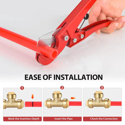 Installation steps for 1/2 inch Tee Push Fit Fitting connecting PEX, copper, CPVC with disconnect clip, lead-free DZR brass.