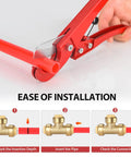 Close-up of 10 Pack Three Quarter Inch Push Fit Tee Fittings For PEX Copper CPVC With Disconnect Clip No Tools Needed Lead Free DZR Brass Easy Install Plumbing Connector Kit For Quick Secure Leak Free Plumbing Runs demonstrating installation steps on red pipe.