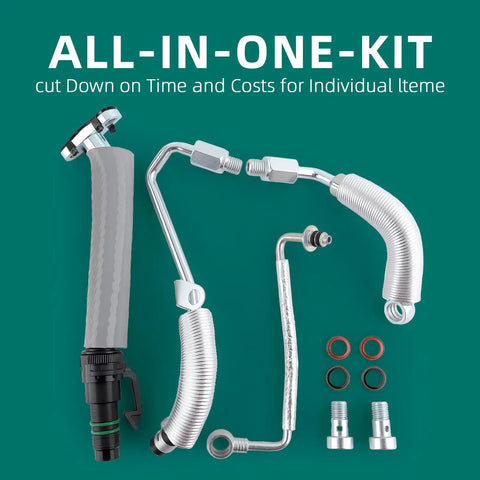 Turbo Coolant Return Hose Line Kit For GM 1.4L Turbo Oil Return Drain And Oil Feed Pipe 4 Piece Set showing all components