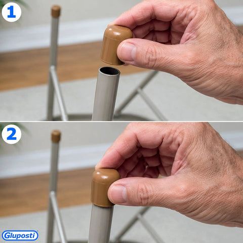 Man installing Top Shelf Folding Chair Leg Caps 7/8 Inch Beige Foot Guards on metal chair legs for protection.