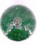 Top view of Green Stained Glass Lampshade Replacement, 16 Inch Wide by 7 Inch High, Vintage Wisteria Pattern for lamps, with metal accent.