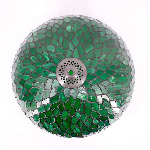 Top view of Green Stained Glass Lampshade Replacement, 16 Inch Wide by 7 Inch High, Vintage Wisteria Pattern for lamps, with metal accent.