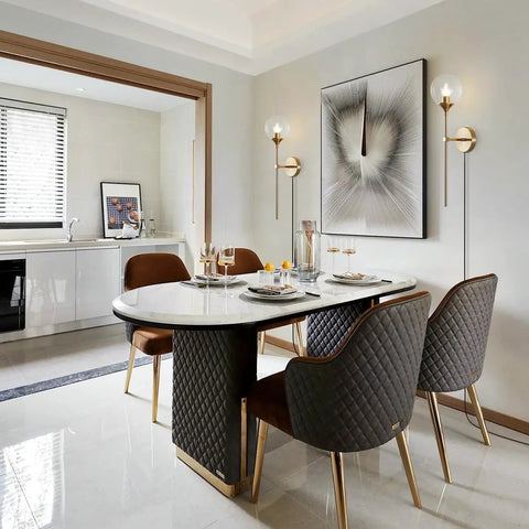 Dining room with Slick Modern Long Globe Plug In Wall Sconce Lights Set Of 2 With Clear Glass Globes Brass Gold Finish 2 In 1 Plug In Or Hardwired Ideal For Bedroom Living Room Hallway Or Bathroom Mid Century Vibe