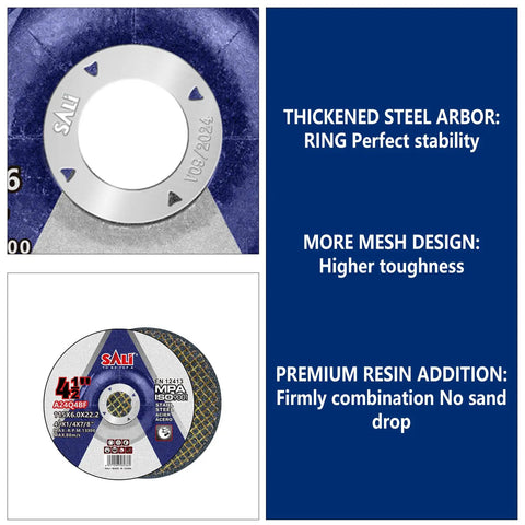 Close-up of 25 Pack 4.5 Inch Grinding Wheels for General Metal and Stainless Steel Aluminum Oxide Grinding Disc for Angle Grinder with text features.
