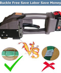 Heavy Duty Cordless Electric Strapping Machine With Dual 5000 Mah Batteries Automatic Handheld Banding Tool For Pet Pp Strap Packing Warehouse Operations close-up showing tensioning mechanism.