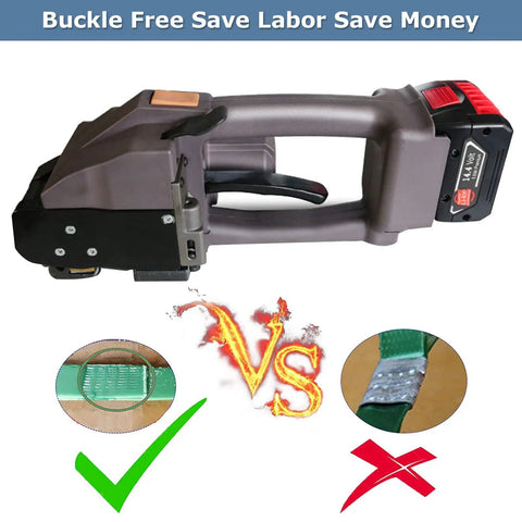 Heavy Duty Cordless Electric Strapping Machine With Dual 5000 Mah Batteries Automatic Handheld Banding Tool For Pet Pp Strap Packing Warehouse Operations close-up showing tensioning mechanism.